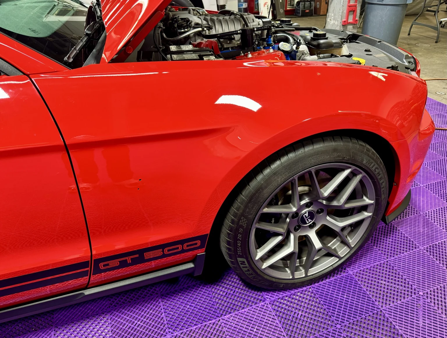 Side view of the Shelby GT500 front fender during PPF installation with the Cobra badge removed