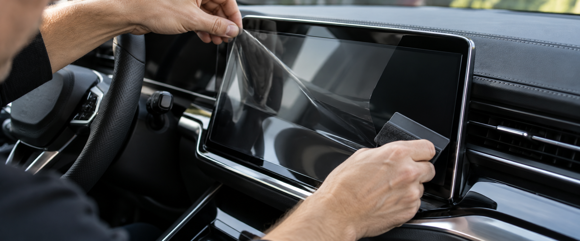 Illustration of clear protective film being applied to a vehicle infotainment display