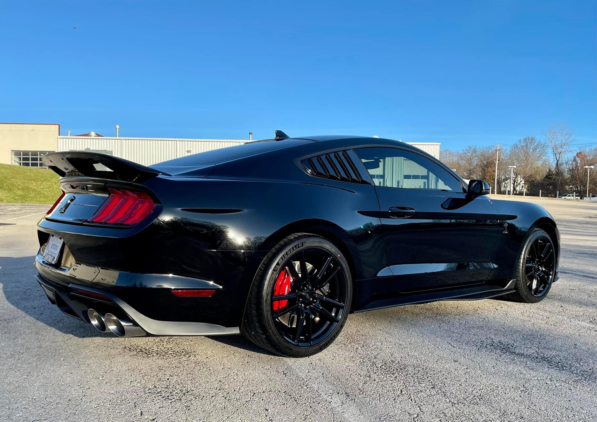 Black Shelby Mustang Cobra photographed from the rear three-quarter angle