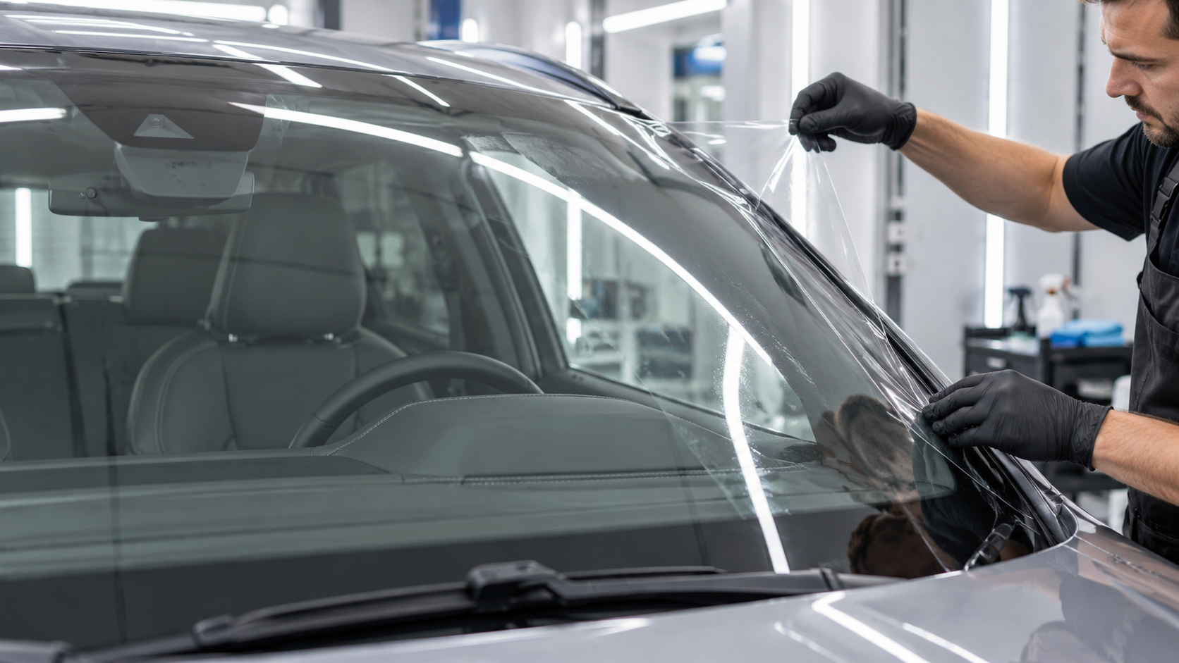 Illustration of clear protection film being applied to a car windshield