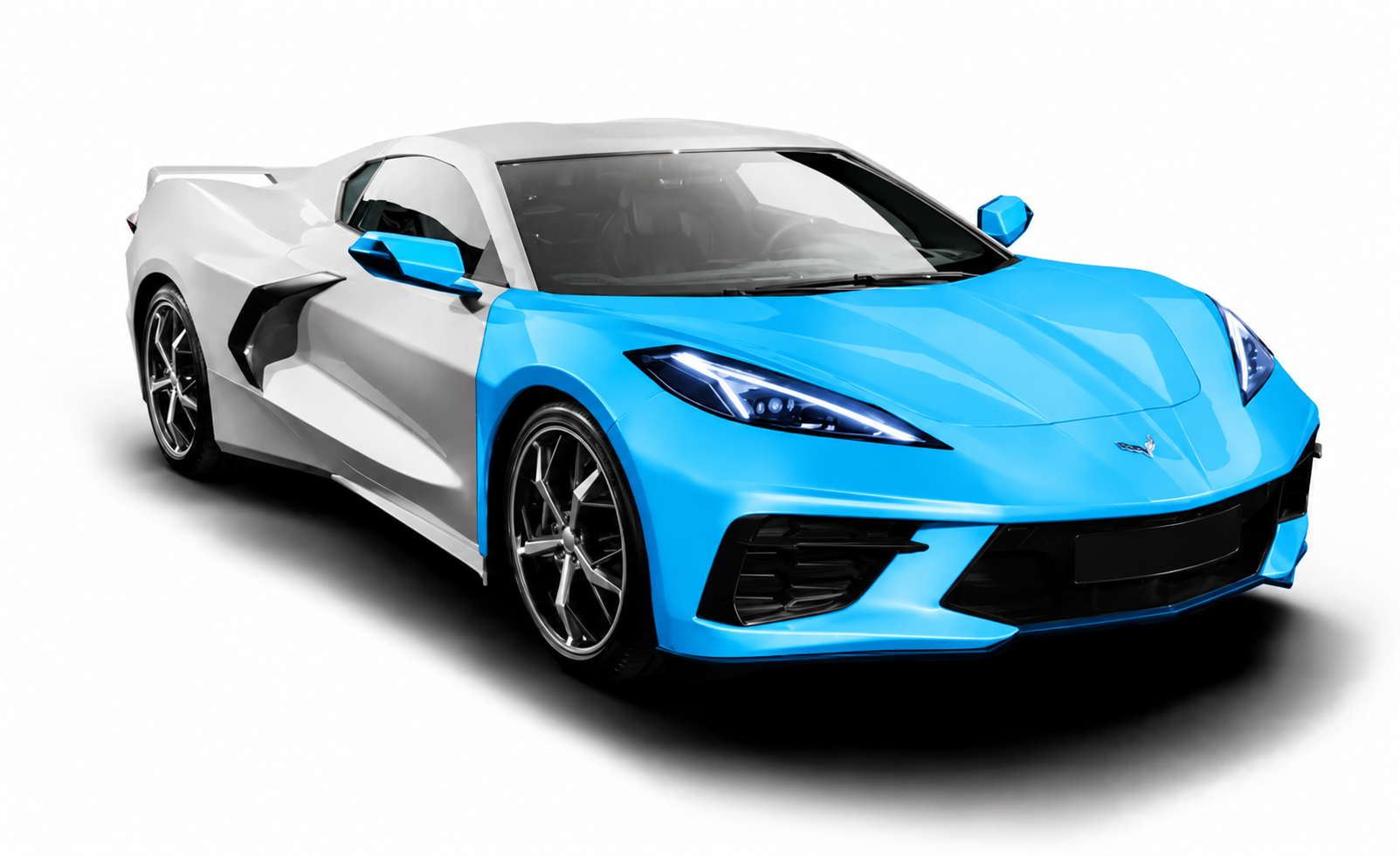 Full Front PPF coverage highlighted in blue on a Corvette