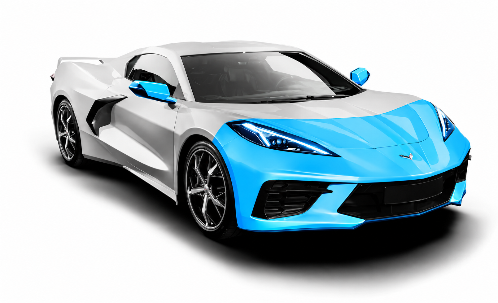 Partial Front PPF coverage highlighted in blue on a Corvette